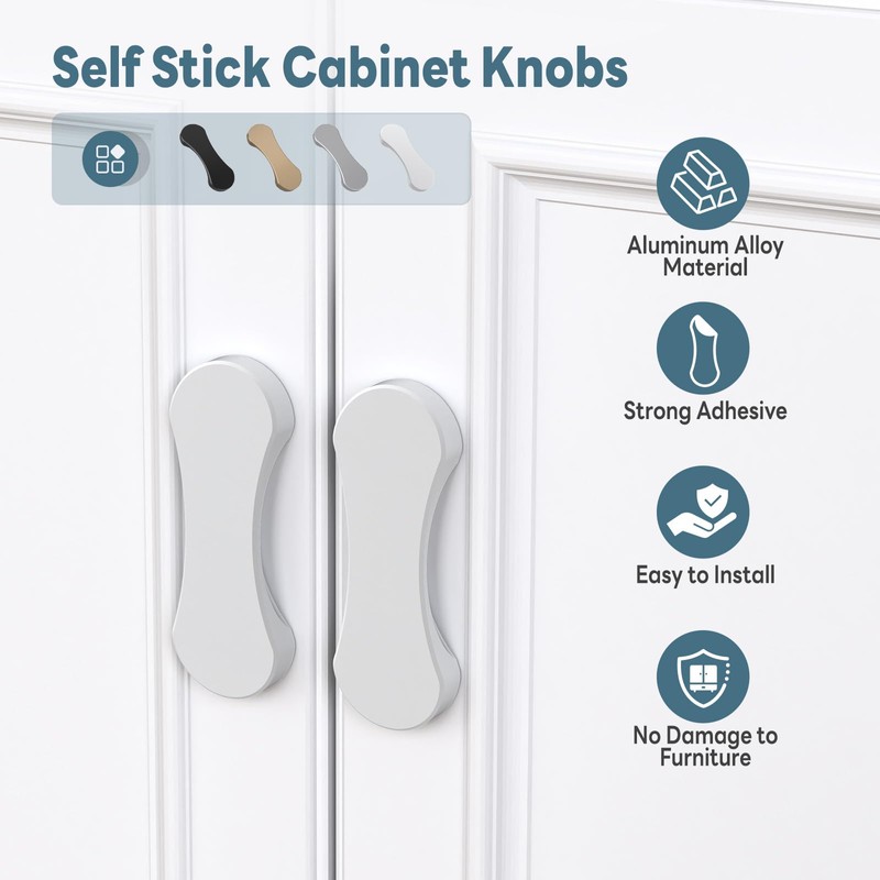 YogePote 4 Pack White Adhesive Cabinet Knobs, 3 Inch No-Drill