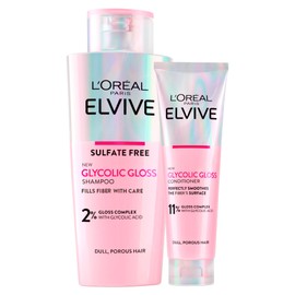 L'Oréal Paris Elvive Glycolic Gloss 200 ml Shampoo + 150 ml Conditioner with Glycolic Acid for Porous and Dull Hair - 2 Bottles