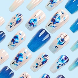 Short Press on Nails Coffin Fake Nails with Blue Flower Desingn Glue on Nails Dark Blue Gradient False Nails Acrylic Glossy Nails Press ons Cute Artificial Stick on Nails for Women 24Pcs