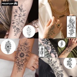 INKARTLINK Semi Permanent Tattoo, 6pcs of arm flower tattoo stickers for women, exquisite and realistic, waterproof, non-reflective (flower tattoo combination)