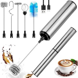 Milk Frother Wand for Coffee, Coffee Foamer Drink Mixer,Handheld Frother Rechargeable Electric Whisk with 5 Heads 2 Speeds for Latte, Cappuccino, Hot , Egg(Home and Travel Set Silvery) - Color: Silver