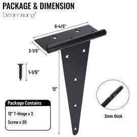 12 Inch T-Strap Gate Hinges, Heavy Duty Shed Barn Door Hinges, Black Tee Hinges for Wooden Fence, Yard Gate, Wrought Hardware Iron Rustproof (2 Pack)