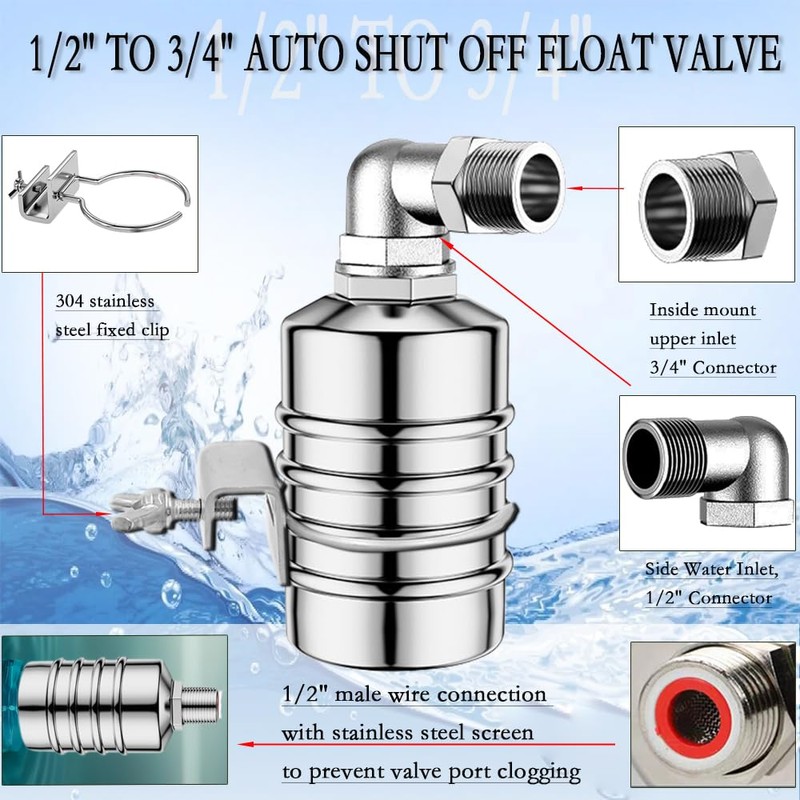 2PCS Float Valve,1/2" to 3/4'' water level control float valve,