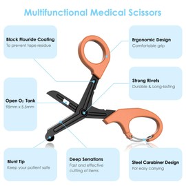 Emapoy Medical Scissors With Carabiner, 7" Bandage Scissors Trauma Shears, Fluoride Coated Non-Stick Blades Stainless Steel Shears For Doctor, Nurses, Nursing Students (Orange)