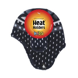 HEAT HOLDERS - Boys Outdoor Faux Fur Pom Pom Hat with Ear Flaps & Mittens Gloves (3-6 Years, Black)