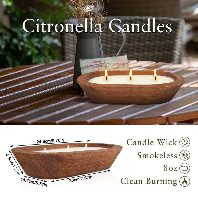 Citronella Scented 3-Wick Candle (8oz) Oval Wood Bowl Candle, Clean