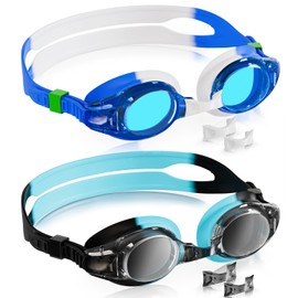Aegend 2 Pack Kids Goggles, Swimming Goggles for Kids Age 4-16 Boys and Girls Youth, Anti-Fog Pool Goggles, White Blue & Blue Black