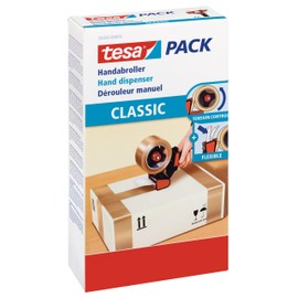 tesa Handabroller CLASSIC - Universeller Abroller für Klebebänder - mit robuster Metallhalterung - für Paketbänder mit bis zu 50 mm Breite