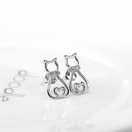 Yafeii 925 Sterling Silver, Cubic Zirconia, Cat Stud Earrings, 925 Sterling Silver