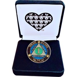 AA 1-Year Crystal & Blue Glitter Sobriety Coin – Black Velvet Gift Box with Heart AA Symbol – Elegant Anniversary Token – Unisex Recovery Gift