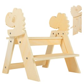 TinyHaven Wooden Toddler Step Stool, 2-Step Foldable Stool for Kids with Non-Slip Surface, Baby Bathroom Stool for Potty Training, Bathroom Sink, Kitchen Counter with Cute Dinosaur Design, Natural