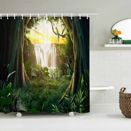 MMHJFANG Nature Scenery Outdoor Curtains Waterproof Distance Mountains and Waterfall Green Wood 3D Print Shower Curtain Garden Scene with 12 Hooks Machine Washable (2, 180x180cm)