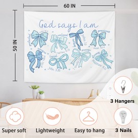 AQYIP Light Blue Bows Coquette Tapestry, God Says I Am Inspirational Bible Verse Tapestry, Blue Girly Christian Wall Blanket Decor for Girls Room Dorm Apartment, 50x60 Inch