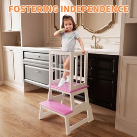 Kids Kitchen Step Stool, Toddler Montessori Learning Standing Tower, Ideal Toddler Kitchen Stool Helper for Bathroom Sink or Kitchen Counter - 2025 Design with 3 Exclusive Upgrades - White+Pink