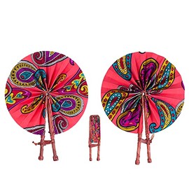 Handmade in Ghana Colorful Ankara African Print Handheld Bolga Folding Fan With Leather Handles Handheld African Fabric Folding Fan (Multi 9)