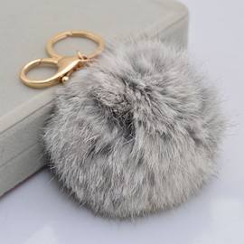 Miraclekoo Rabbit Fur Ball Pom Pom Keychain Gold Plated Keychain with Plush for Car Key Ring or Handbag Bag Decoration (Grey)