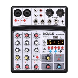 BOMGE 04D portable bluetooth 4 Channel DJ audio sound mixer mixing console with usb interface, 48V Phantom Power input, 16 Echo effects for recording, live streaming, singing (Black)