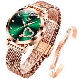 OLEVS Women's Rose Gold Watches Heart Diamond Japanese Quartz Movement Ladies Wristwatch Big Face Waterproof Mesh Belt Watch and Bracelet Set Valentines Day Gifts