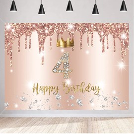 Tecreo 4th Birthday Decoration Happy Fourth Birthday Backdrop for Girls 4 Birthday Party Background Glitter Rosegold Party Banner with Crown Element Kids Photo Studio Props