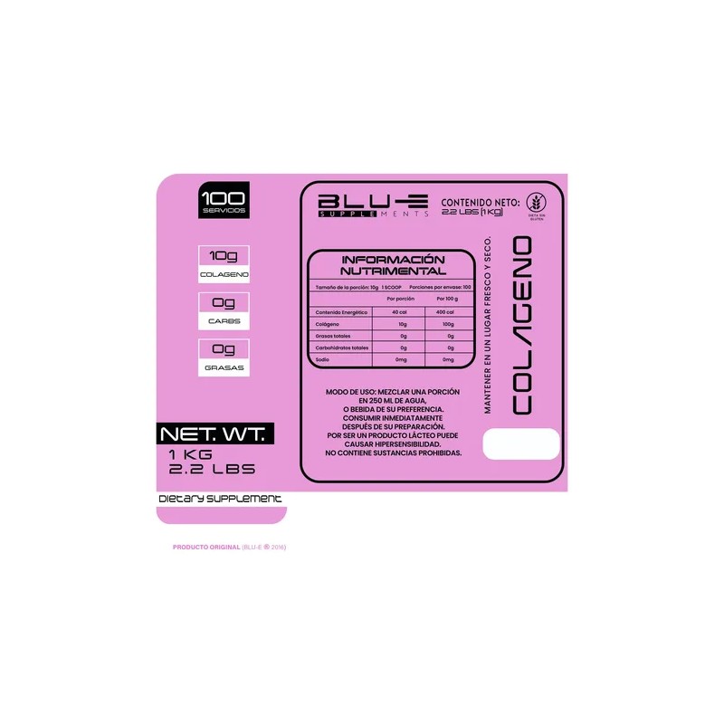 Colageno Hidrolizado Blu-e 1kg 100servicios Suplemento Polvo