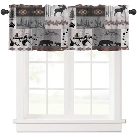 SHElifestyle Rustic Bear Moose Deer Window Valance Curtain, Retro Pine Tree Cabin Country Lodge Camping Vintage Tribal Aztec Window Treatment Valances for Home Kitchen Café Décor 54'x18', 1 Panel
