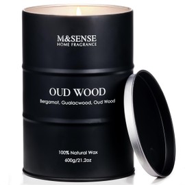 M&SENSE Oud Wood Large Scented Candles Natural Soy Wax, 21.2oz Tin Candle for Cozy Home Decor, Long Lasting Up to 120 Hours Burning Time, Unique Candle Gifts for Men Women