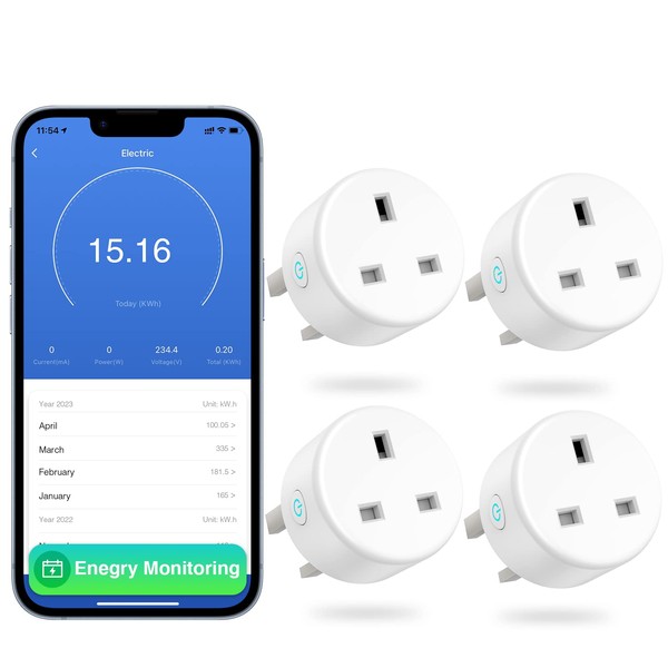GHome Smart Plug with Energy Monitoring, 13A WiFi Plug Works with Alexa and Google Home, Alexa Wifi Plug with APP Control,Timer Function, No Hub Required, 2.4GHz ONLY, 4 Pack