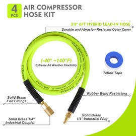FYPower Air Compressor Whip Hose 3/8 Inch x 6 Feet Lead in Hybrid Hose with Fittings, Flexible and Kink Resistant, 1/4" Industrial Quick Coupler and Plug Kit - Green