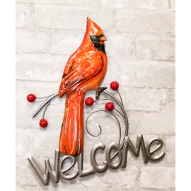 Rustic Country Red Cardinal Bird Perching On Branch Welcome Sign Wall Decor