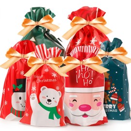30 PCS Christmas Drawstring Gift Bags Multipack - Assorted Xmas Bags Large Small Sizes Christmas Bags for Presents 6 Design Christmas Drawstring Bags for Christmas Party (#01)