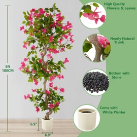 Warmplants 6ft Artificial Bougainvillea Tree, Fake Bougainvillea Pink Flower Silk Plant in White Planter, Faux Blooming Topiary Tree for Indoor Outdoor Home Office Wedding Décor