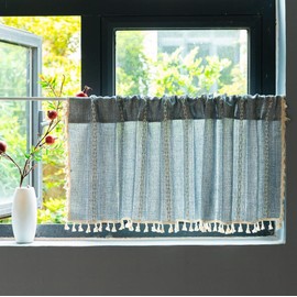Sutuo Home Blue Boho Curtain 52W x 36L inch White Striped Light Filtering Short Valance Tier, 1 Panel Embroidery Bohemian Farmhouse Country Kitchen Window Treatment Decor for Small Closet