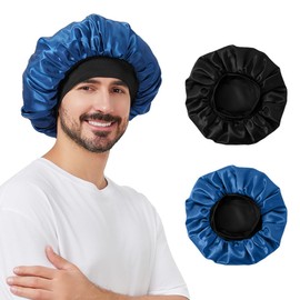 2 PCS Satin Silk Bonnet for Men, Hair Bonnet for Sleeping Men with Elastic Band, Large Silk Bonnet for Men Women Curly Hair Braids (Black+Blue)