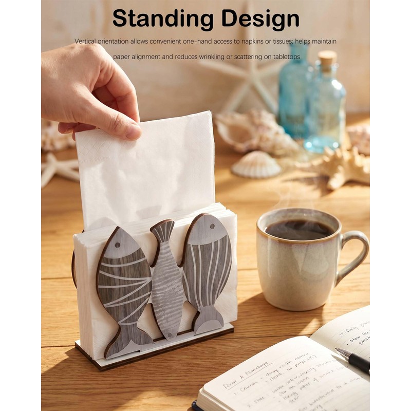 Pine Wood Napkin Holder,Ocean Style Distressed Wooden Upright Napkin Dispenser,Easy-Refill,Decorative
