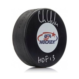 Chris Chelios Autographed USA Puck with HOF Note