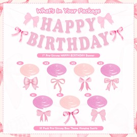 Bow Birthday Party Decorations, Pink Bow Birthday Banner Bow Party Hanging Swirls Set for Women Girls Bow Party Decorations, Bow Party Decor, Baby Shower Party Supplies