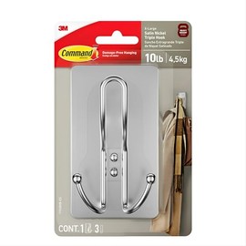 Command Command X-Large Satin Nickel Triple Hook, 1 Hook, 3 Strips, Damage Free Hanging Wall Hooks with Adhesive Strips, No Tools Wall Hooks for Hanging Decorations in Living Spaces