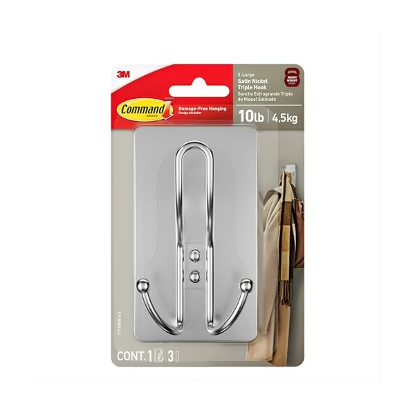 Command Command X-Large Satin Nickel Triple Hook, 1 Hook, 3