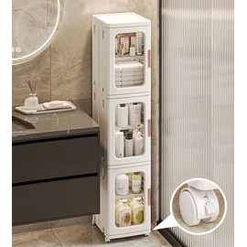 Lozovin Narrow Bathroom Storage Cabinet with Doors and Shelves, 3-Tiers Slim Tall Storage Organizer with Wheels, Plastic Foldable Skinny Storage Cabinet for Small Spaces, Kitchen, Living Room