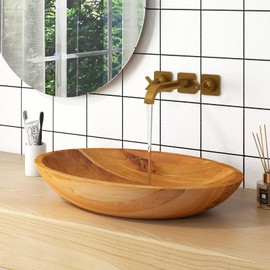 Giantex Teak Wood Vessel Sink - Bathroom Washbasin with Smooth Finish, Round Corner, 2.5” Drain Hole for 1 5/8" Drainage, Above Counter Vanity Sinks, No Assembly Art Basin (23.5” x 16” x 4.5”)