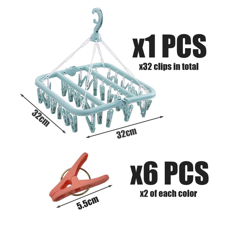 1 Foldable Hanging Sock Clothes Peg (including 32 Pegs) with