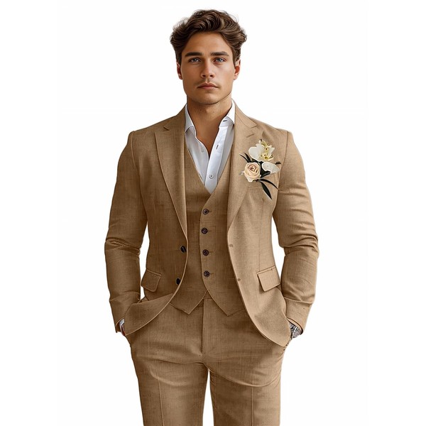 Suits for Men Khaki Linen Mens Wedding Suit Classic Fit