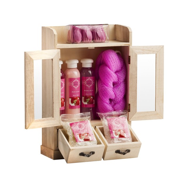 Brubaker Cosmetics 10 Pcs Beauty Gift Set Women Wooden Cabinet Strawberry