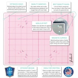 GLASSBOARD STUDIO Glass Craft Mat - Magnetic, Heat & Scratch Resistant - For Crafting, Cutting, Painting, Mixed Media Artwork - Grid Lines, Non-Slip Rubber Feet (Blush 9"L x 12"W)