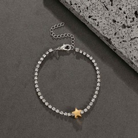 Wendalern Cubic Zirconia Tennis Bracelet Gold Star Charm Tennis Chain Bracelet Shiny CZ Crystal Chain Bracelet Adjustable Silver Crystal Wrist Bracelet Jewelry for Women Girls