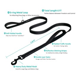 JEWOSTER Heavy Duty Dog Leash - 2 Handles by Padded Traffic Handle for Extra Control, 6foot Long - Perfect for Medium to Large Dogs (6 ft, Black)