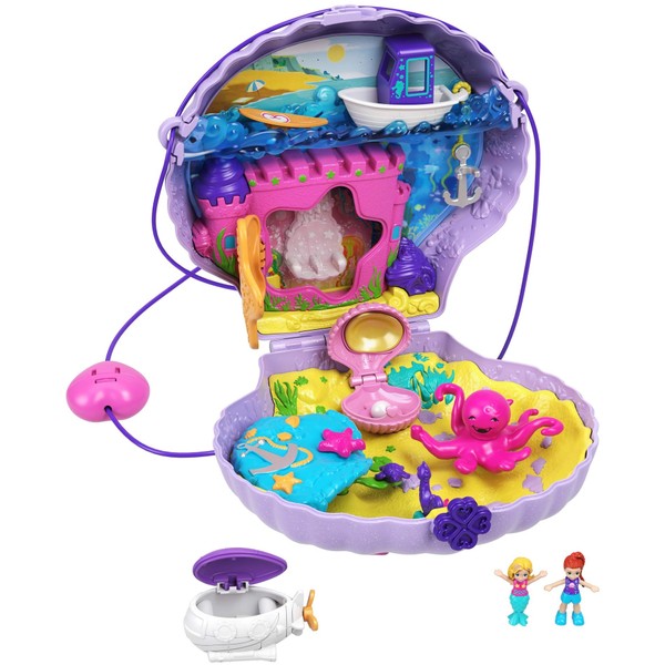 Polly Pocket Tiny Power Seashell Purse Compact with Wearable Strap, Fun Under-The-Sea Features, Micro Polly and Lila Mermaid Dolls, 2 Accessories & Sticker Sheet; for Ages 4 Years Old & Up