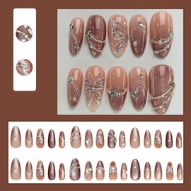30 Pcs Cat Eye Press on Nails Medium Almond WLGDLH Gradient Fake Nails with Glitter Butterfly Pearl Lines Designs Handmade Rhinestone False Nails Cute Glue on Nails Full Cover Acrylic Nails for Women
