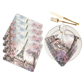 Yibeas Eiffel Tower Cloth Napkins Set of 4 Soft Oil Painting Paris Pink Tree Couple Love Tender Landscape Building Polyester Dinner Square Napkin for Family Restaurant Weddings Parties 18 x 18 inch