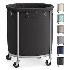 SONGMICS 50.2-Gallon (190 L) Laundry Basket with Wheels, Rolling Round Heavy-Duty Laundry Hamper Cart with Steel Frame and Removable Bag, 2 Locking Wheels, Ink Black and Metallic Silver URLS001B01